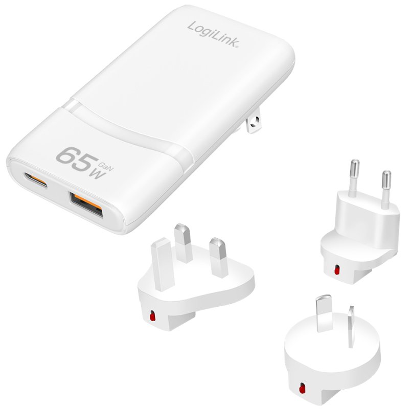 LogiLink Chargeur de voyage Dual-USB GaN, 65 Watts, blanc