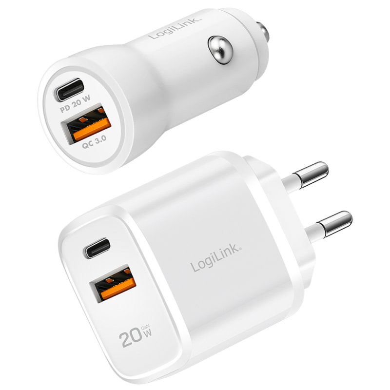 LogiLink USB-set de charge, 20 watts, blanc, adaptateur voiture et secteur