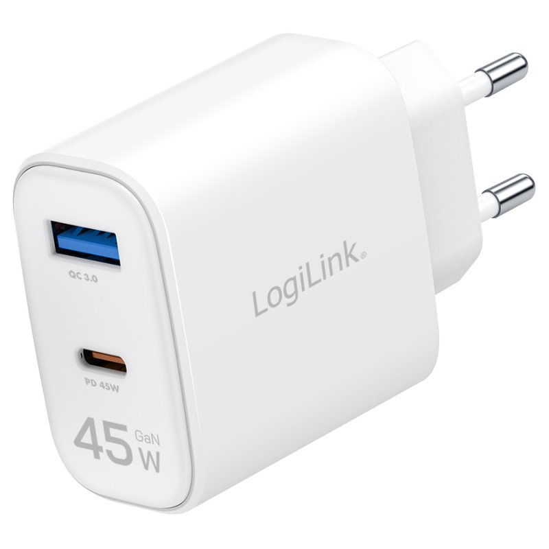 LogiLink dual USB charger, 45 watts, white, USB-C & USB-A