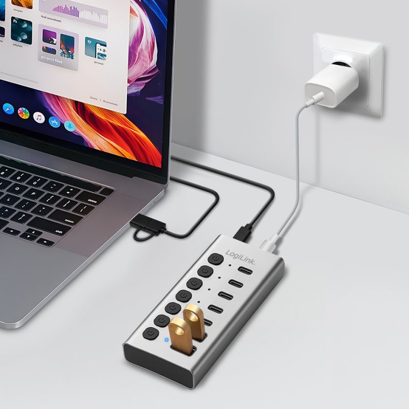 LogiLink USB 3.2 hub 7-port, on/off switch, silver, aluminium