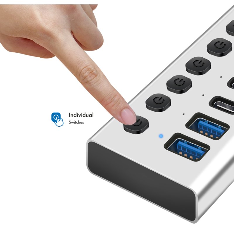 LogiLink USB 3.2 hub 7-port, on/off switch, silver, aluminium