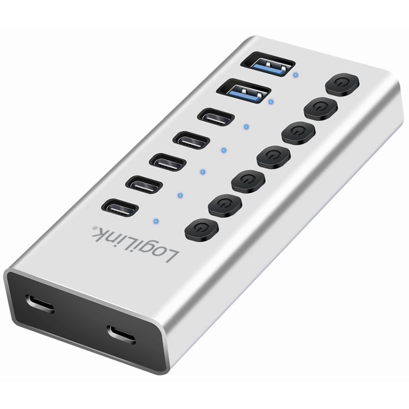 LogiLink USB 3.2 hub 7-port, on/off switch, silver, aluminium