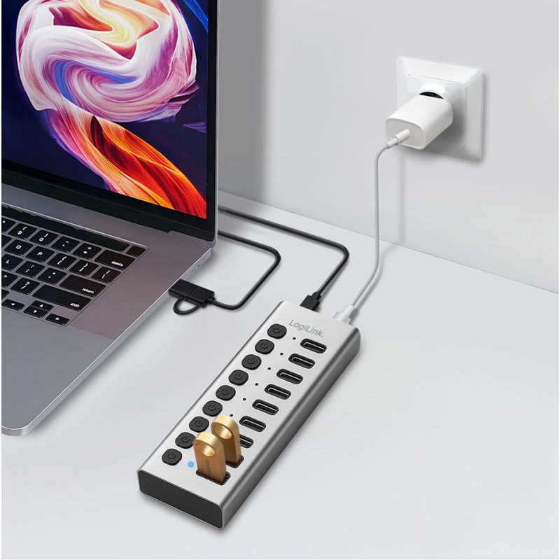 LogiLink Hub USB 3.2 10 ports, avec interrupteur marche/arrêt, argent