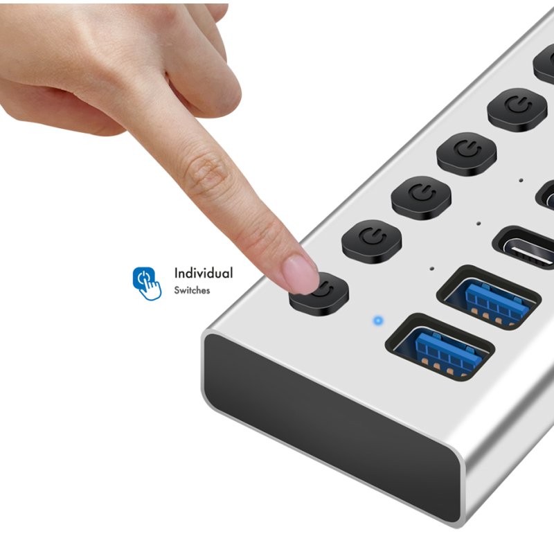 LogiLink Hub USB 3.2 10 ports, avec interrupteur marche/arrêt, argent