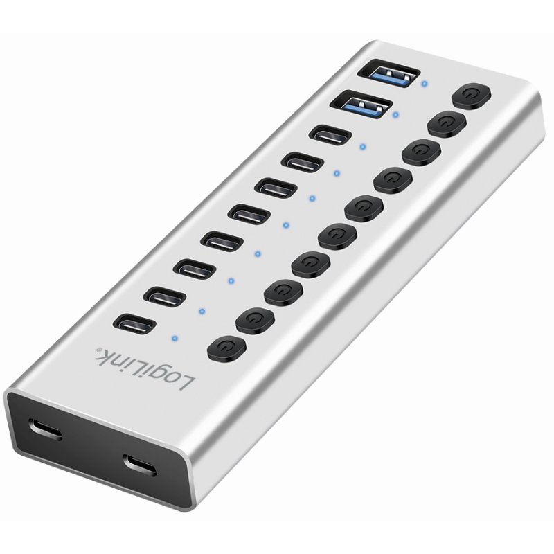 LogiLink Hub USB 3.2 10 ports, avec interrupteur marche/arrêt, argent
