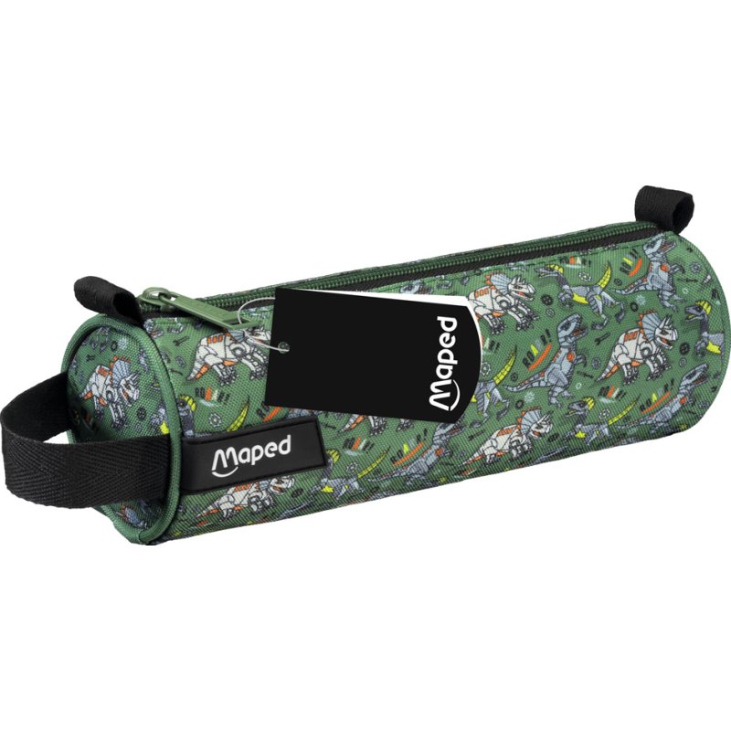 Maped Trousse tube D pencil case, green/black, neoprene, dinosaur design, 240×75×75 mm