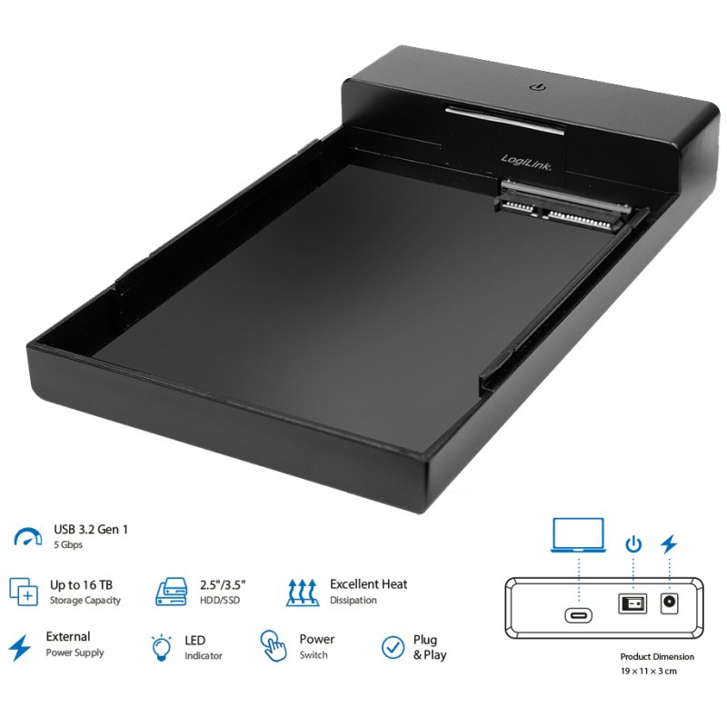 LogiLink Boîtier disque dur USB-C 3.2, 2,5/3,5 pouces, noir, 16 TB