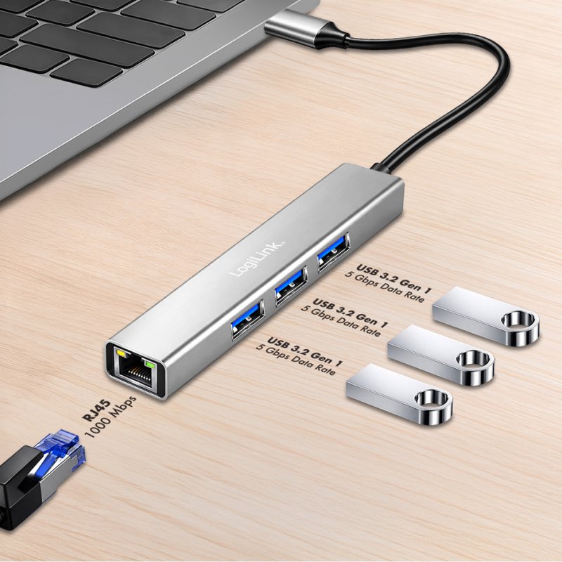 LogiLink Hub USB 3.2 Gen1, 4 ports, boîtier aluminium, gris