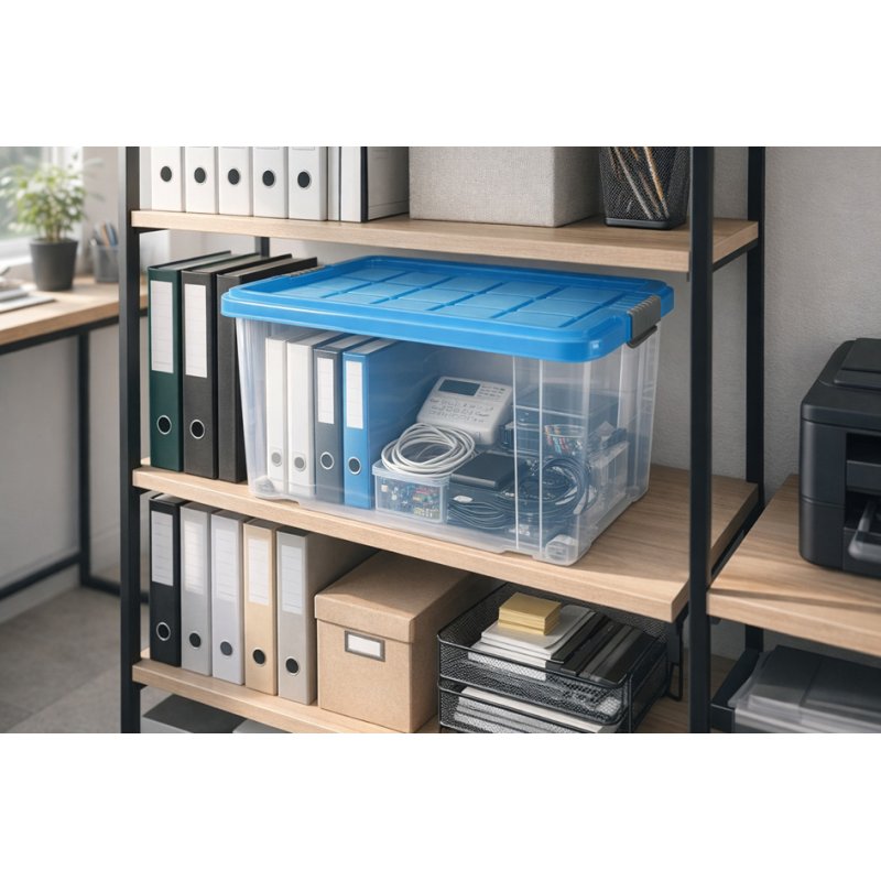 Peggy Perfect boîte de rangement, 55 litres, transparent avec couvercle coloré, roulettes