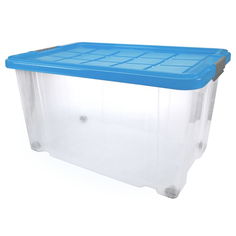 Peggy Perfect boîte de rangement, 55 litres, transparent avec couvercle coloré, roulettes