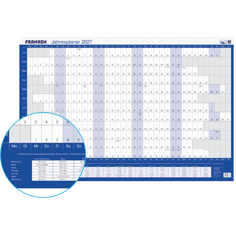 FRANKEN year planner 2027, 910×610 mm, blue/white, horizontal