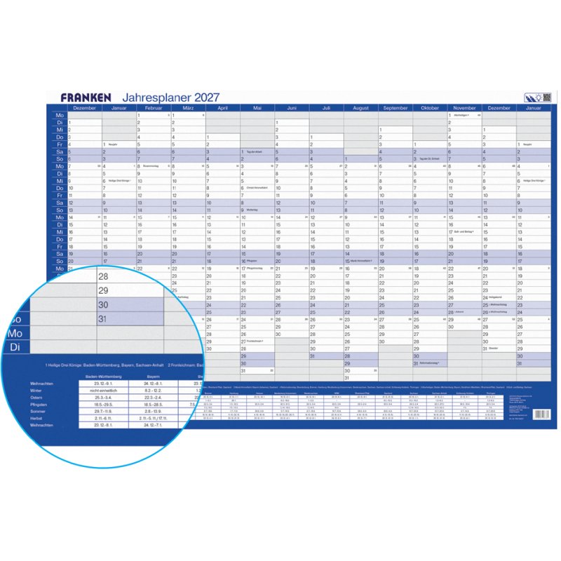 FRANKEN year planner 2027, 910×610 mm, blue/white, horizontal