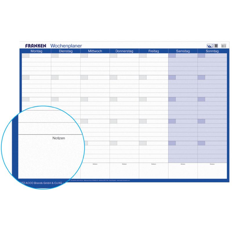 FRANKEN Maands- en weekplanner, 910 x 610 mm, blauw/wit, blijvend