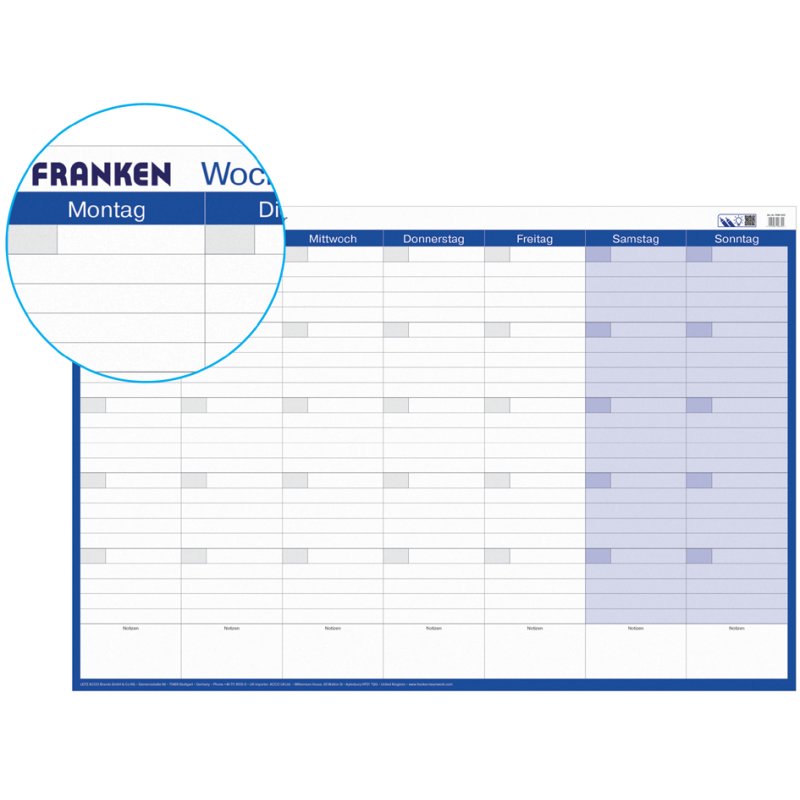FRANKEN Maands- en weekplanner, 910 x 610 mm, blauw/wit, blijvend