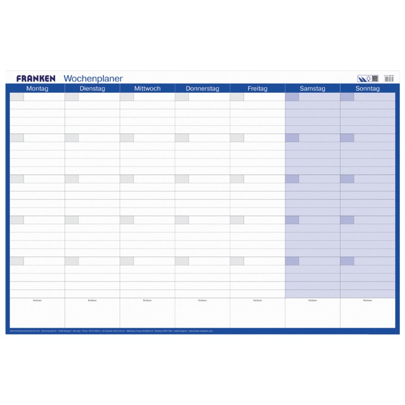FRANKEN Maands- en weekplanner, 910 x 610 mm, blauw/wit, blijvend