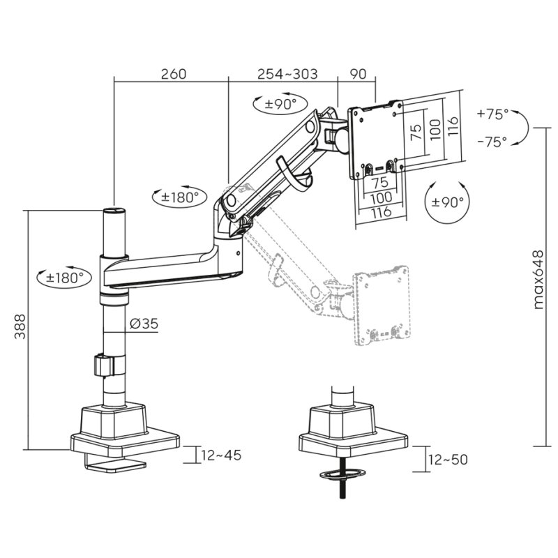 DIGITUS monitorarm single, met klem, tot 57 inch, wit