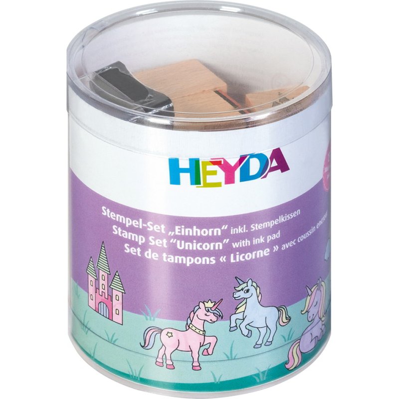 HEYDA stempelset Eenhoorn, 15 motieven, houten stempels, zwart stempelkussen