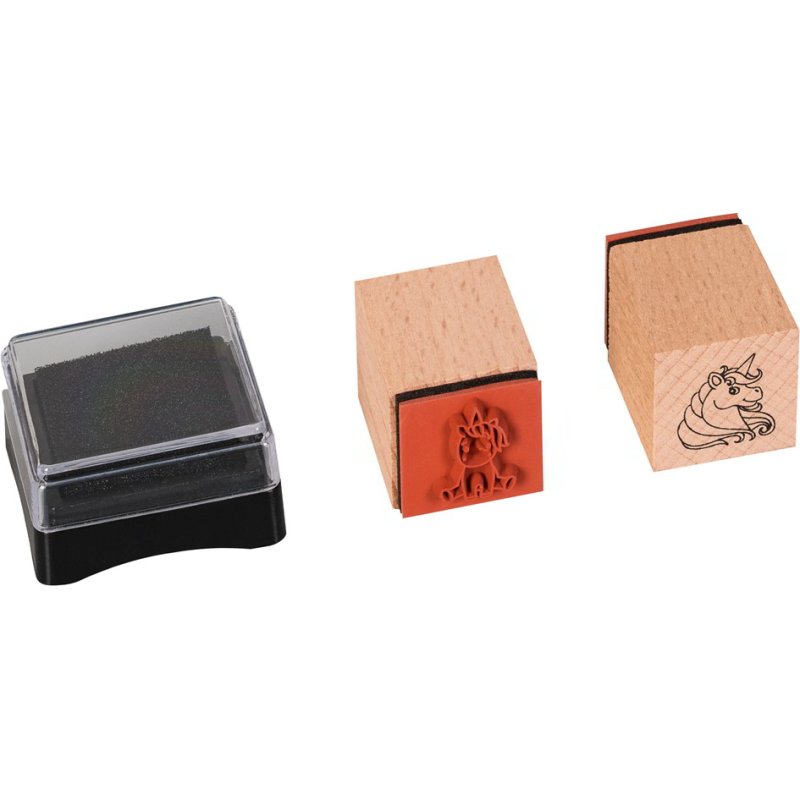 HEYDA stempelset Eenhoorn, 15 motieven, houten stempels, zwart stempelkussen