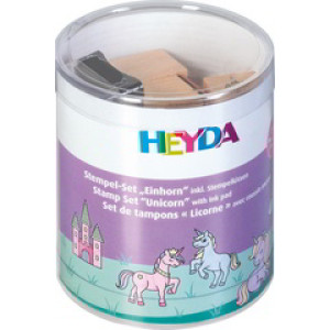 HEYDA stempelset Eenhoorn, 15 motieven, houten stempels, zwart stempelkussen