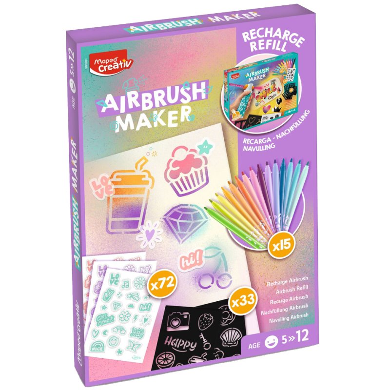 Maped CREATIV recharge aérographe, 15 marqueurs teintes pastel, 5 pochoirs