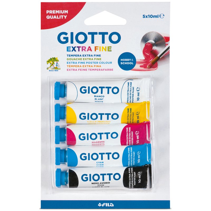 GIOTTO Gouachex5 gouacheverf, 5 tubes à 10 ml, wit/geel/magenta/cyaan/zwart