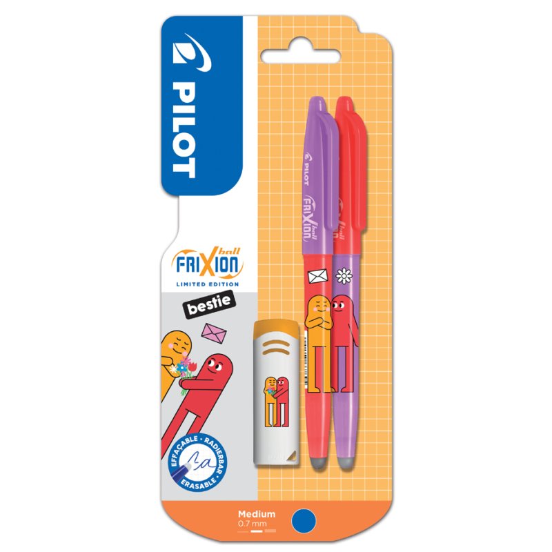 PILOT stylo roller FRIXION BALL 07 Friends, effaçable, bleu 0,35 mm, 2 stylos + gomme