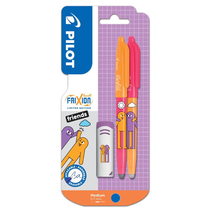 PILOT stylo roller FRIXION BALL 07 Friends, effaçable, bleu 0,35 mm, 2 stylos + gomme