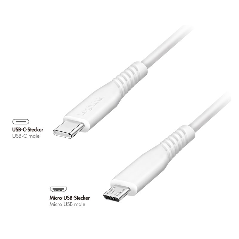 LogiLink Câble USB 2.0, USB-C vers Micro USB-B, 0,3 m, blanc