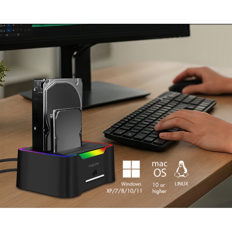 LogiLink Dual docking station, USB-C 3.2, black, 2.5"/3.5" SATA