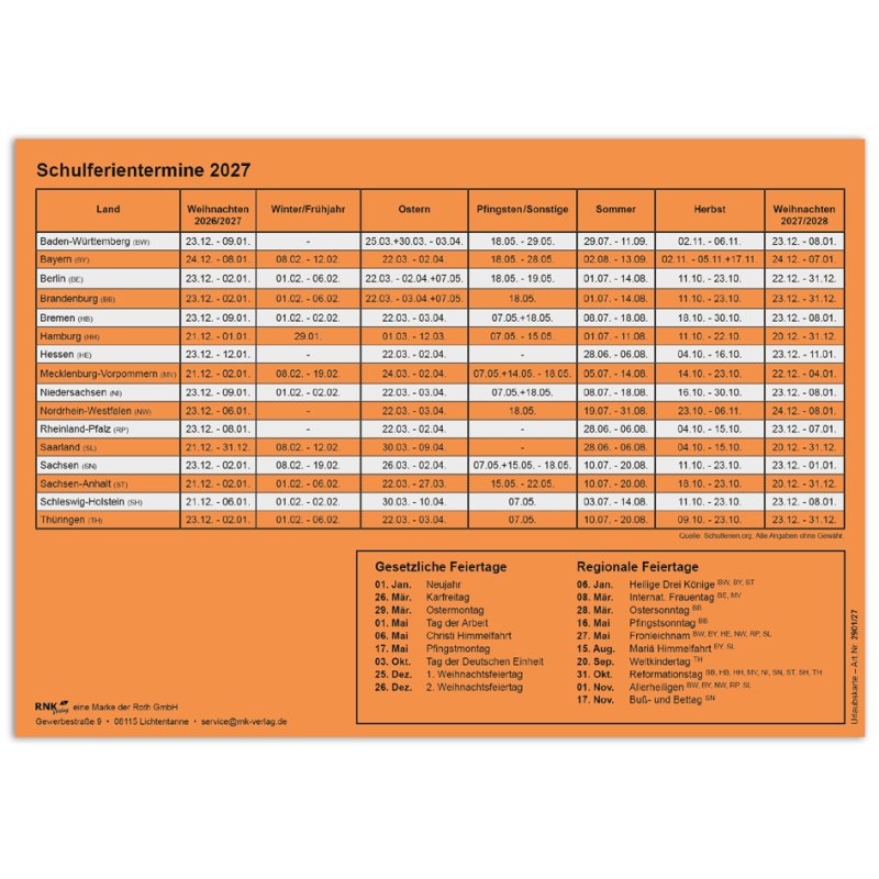 RNK Verlag holiday and absence cards 2027, orange card 190 g/m², 100 cards
