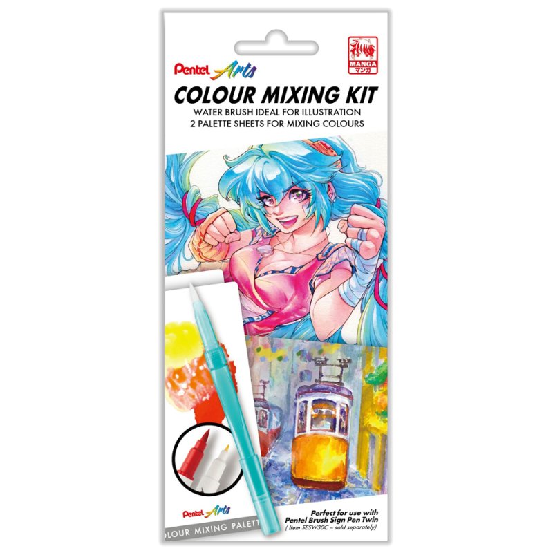 Pentel ensemble pinceaux réservoir d'eau Aqua Brush, taille M, réutilisable, 2 palettes de mélange