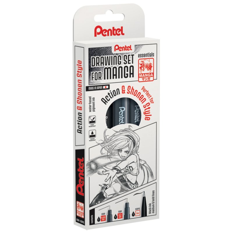 Pentel Manga Action fineliner set, black, 3 pieces