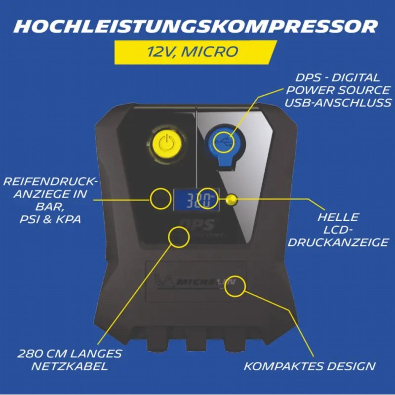 MICHELIN 12V Micro K compressor, zwart, LCD-drukanzeige, USB-aansluiting
