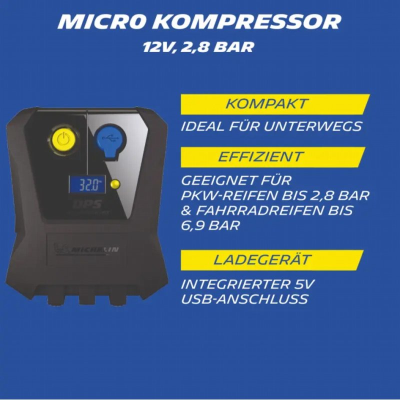 MICHELIN 12V Micro K compressor, zwart, LCD-drukanzeige, USB-aansluiting