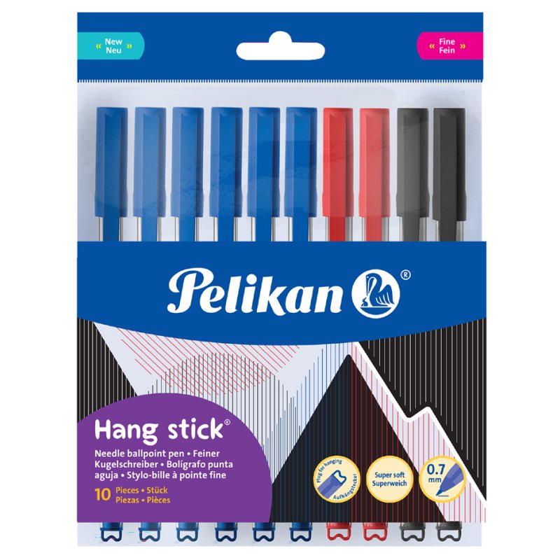 Pelikan stylo Hang Stick, transparent, 0,7 mm, 4 pièces noir et bleu