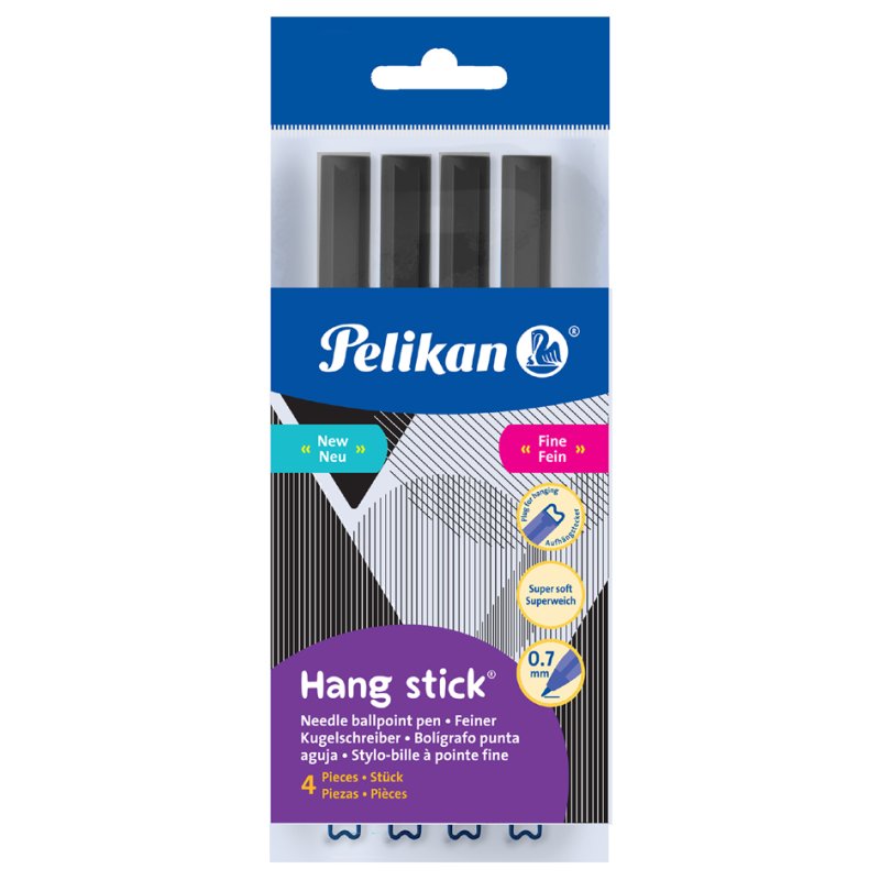 Pelikan stylo Hang Stick, transparent, 0,7 mm, 4 pièces noir et bleu