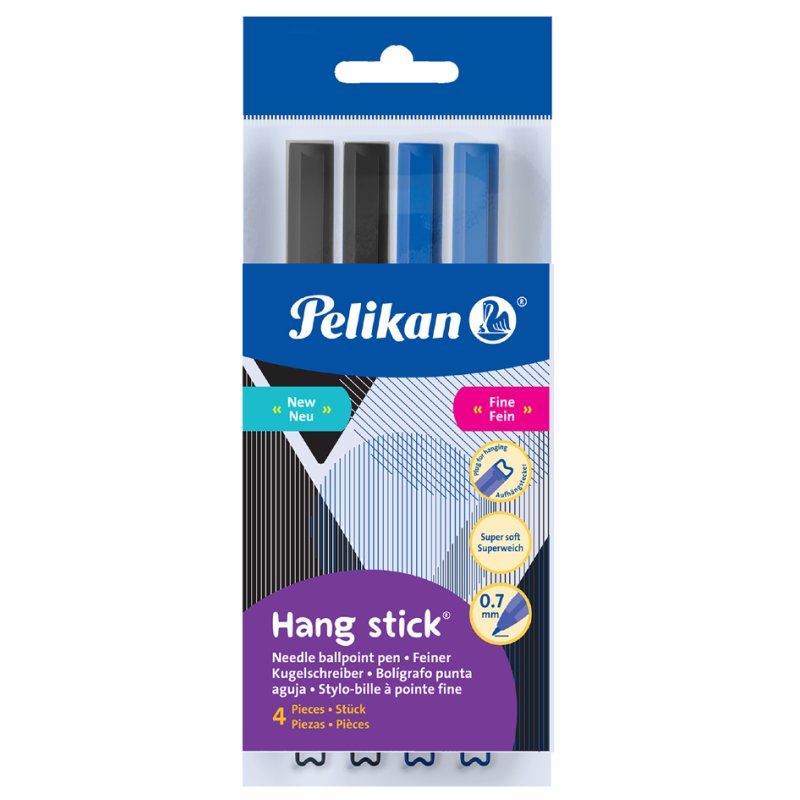 Pelikan stylo Hang Stick, transparent, 0,7 mm, 4 pièces noir et bleu