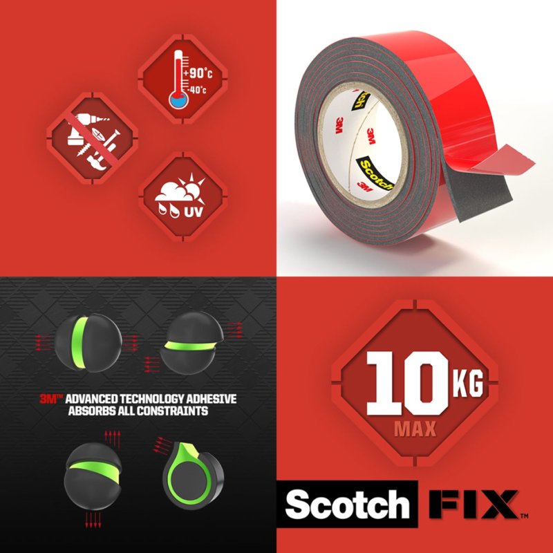 Scotch ruban double face Extreme, 19 mm × 1,5 m, jusqu'à 10 kg de charge