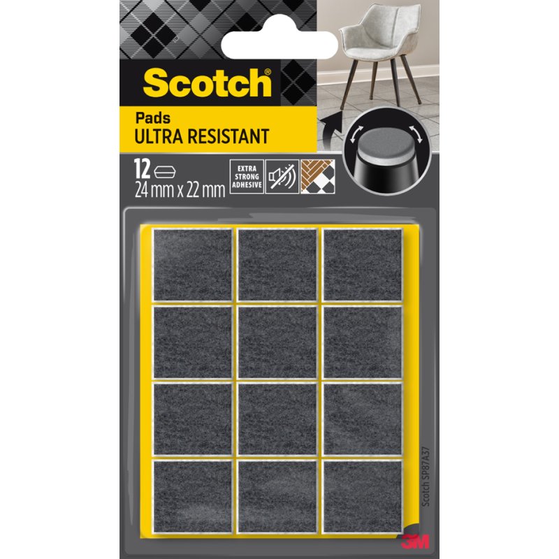 Scotch patins feutrés Extrêmement résistant, 24×22 mm, gris, 12 pièces