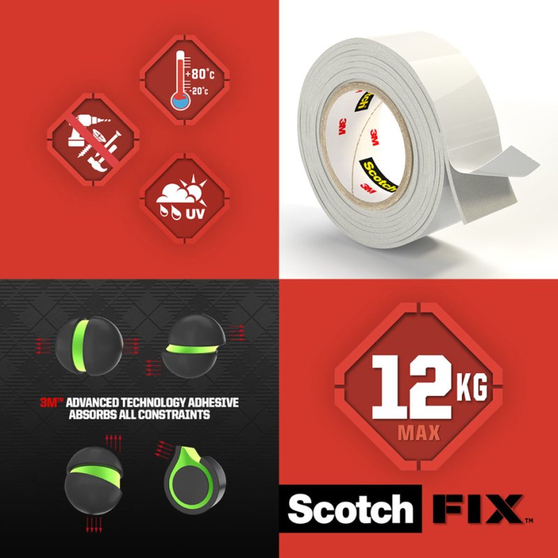 Scotch ruban de montage double face Extreme, 19 mm × 1,8 m, capacité de charge 12 kg