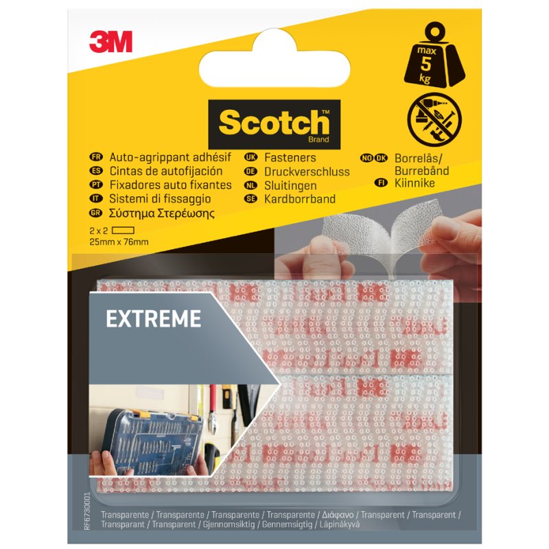 Scotch fermeture adhésive Extreme, transparent, 25×75 mm, 2 sets