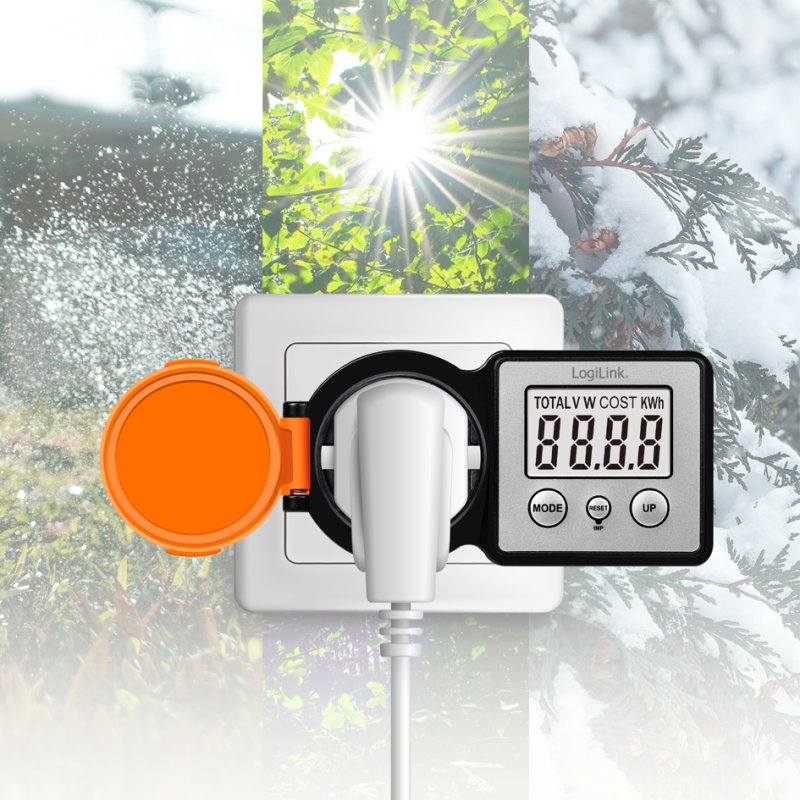 LogiLink Outdoor energy cost meter, 2" LCD display, black/orange, IP44