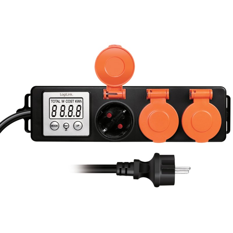 LogiLink outdoor energy meter, 3 sockets, LCD display, black/orange