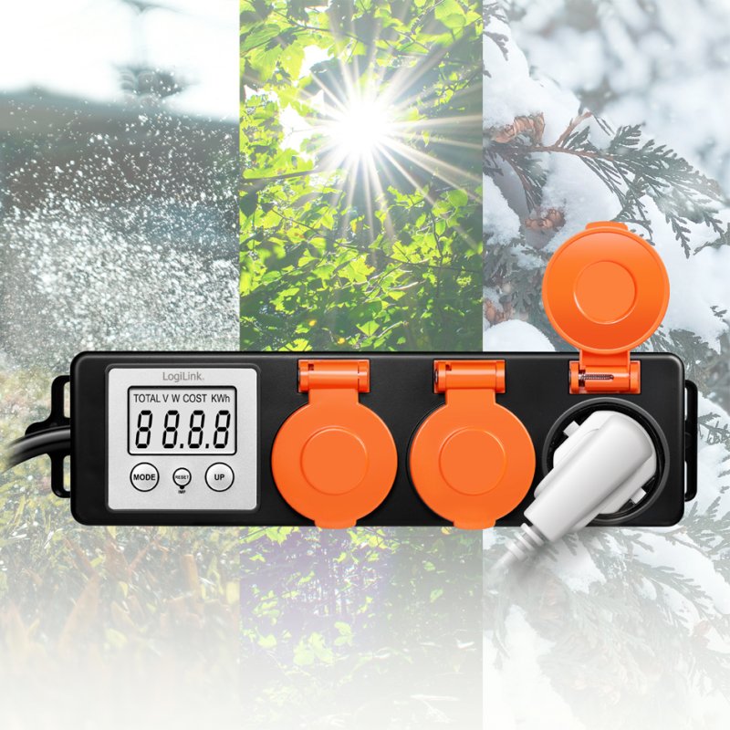 LogiLink outdoor energy meter, 3 sockets, LCD display, black/orange