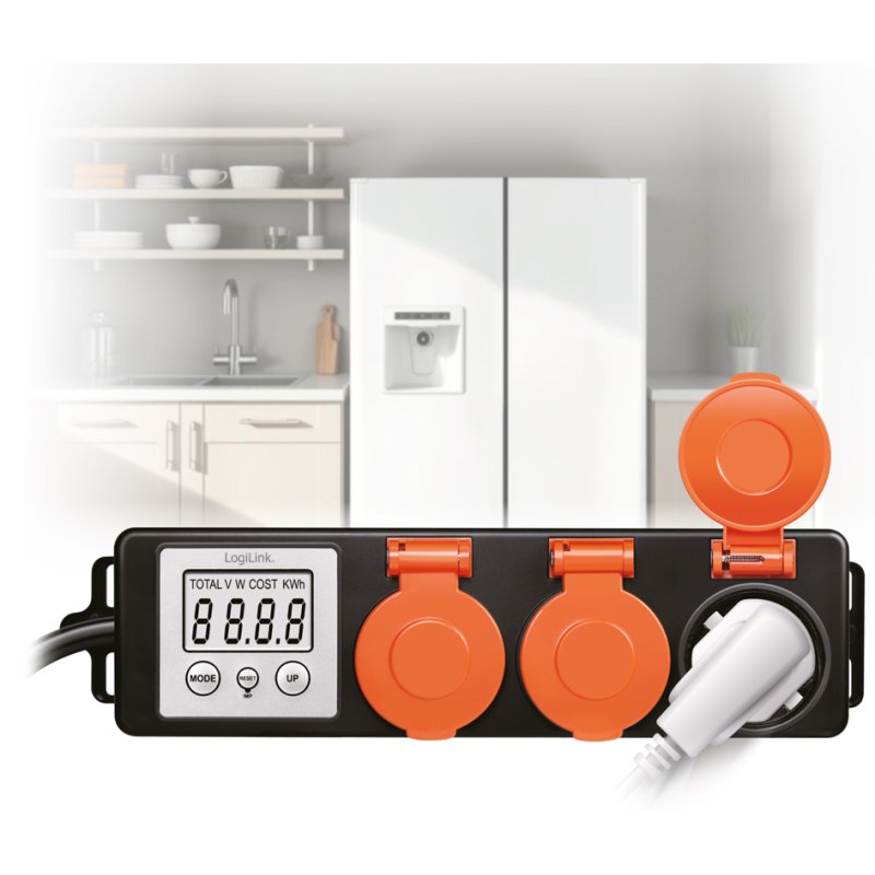LogiLink outdoor energy meter, 3 sockets, LCD display, black/orange