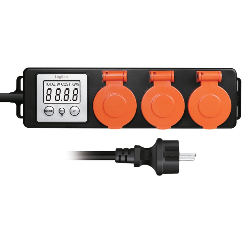 LogiLink outdoor energy meter, 3 sockets, LCD display, black/orange