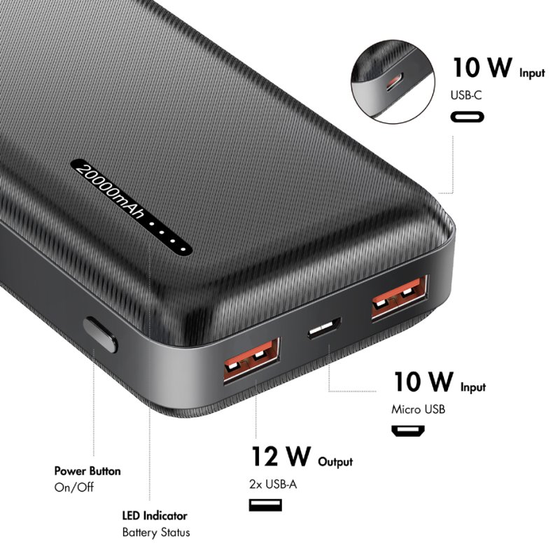 LogiLink Powerbank 20.000 mAh, zwart, 2x USB-A, 1x USB-C