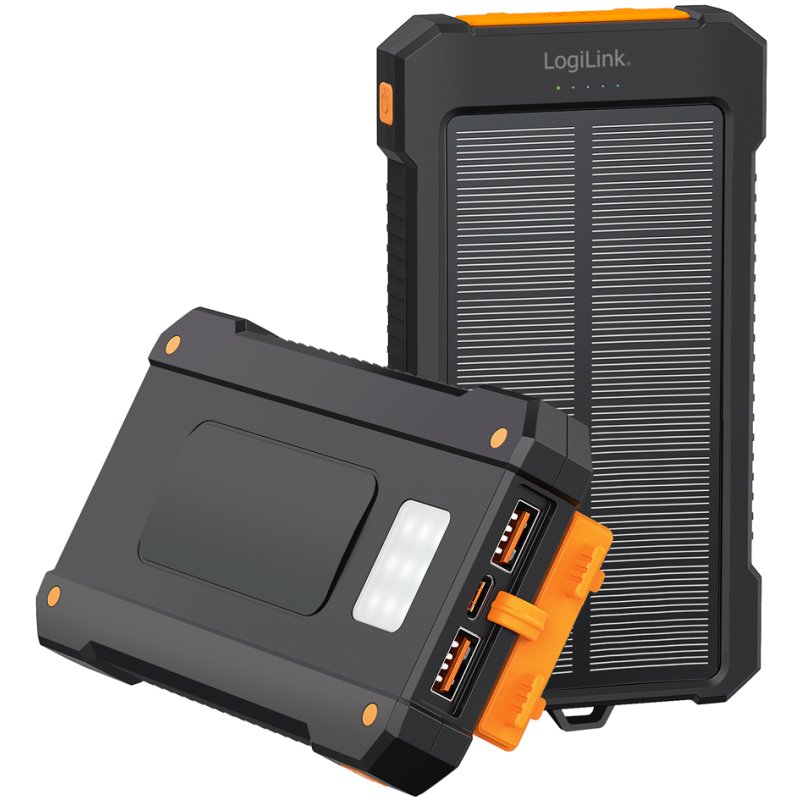LogiLink Banque d'énergie solaire 10.000 mAh, noir/orange, lampe torche LED