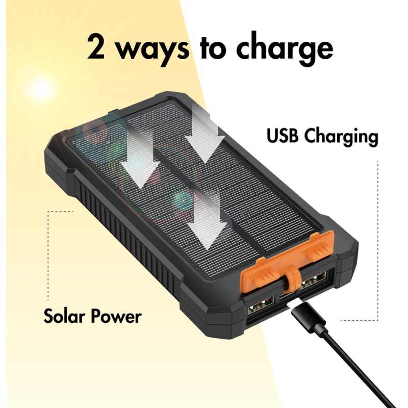 LogiLink Banque d'énergie solaire 10.000 mAh, noir/orange, lampe torche LED