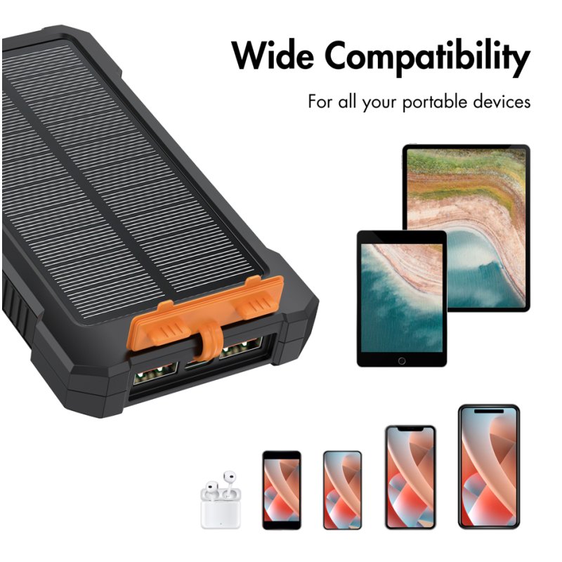 LogiLink Banque d'énergie solaire 10.000 mAh, noir/orange, lampe torche LED
